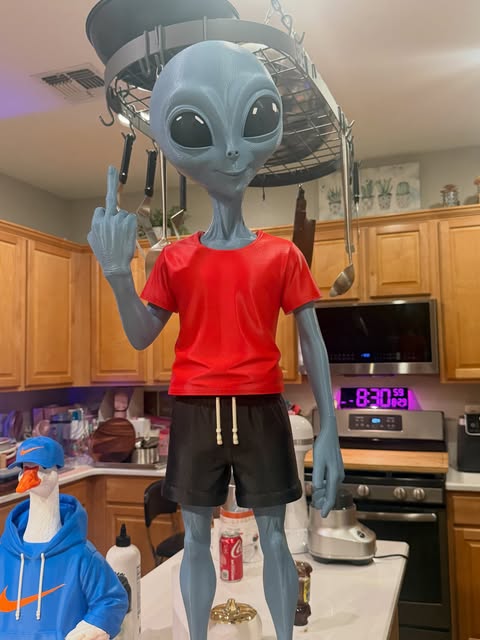 Tall gray alien print wearing a red shirt